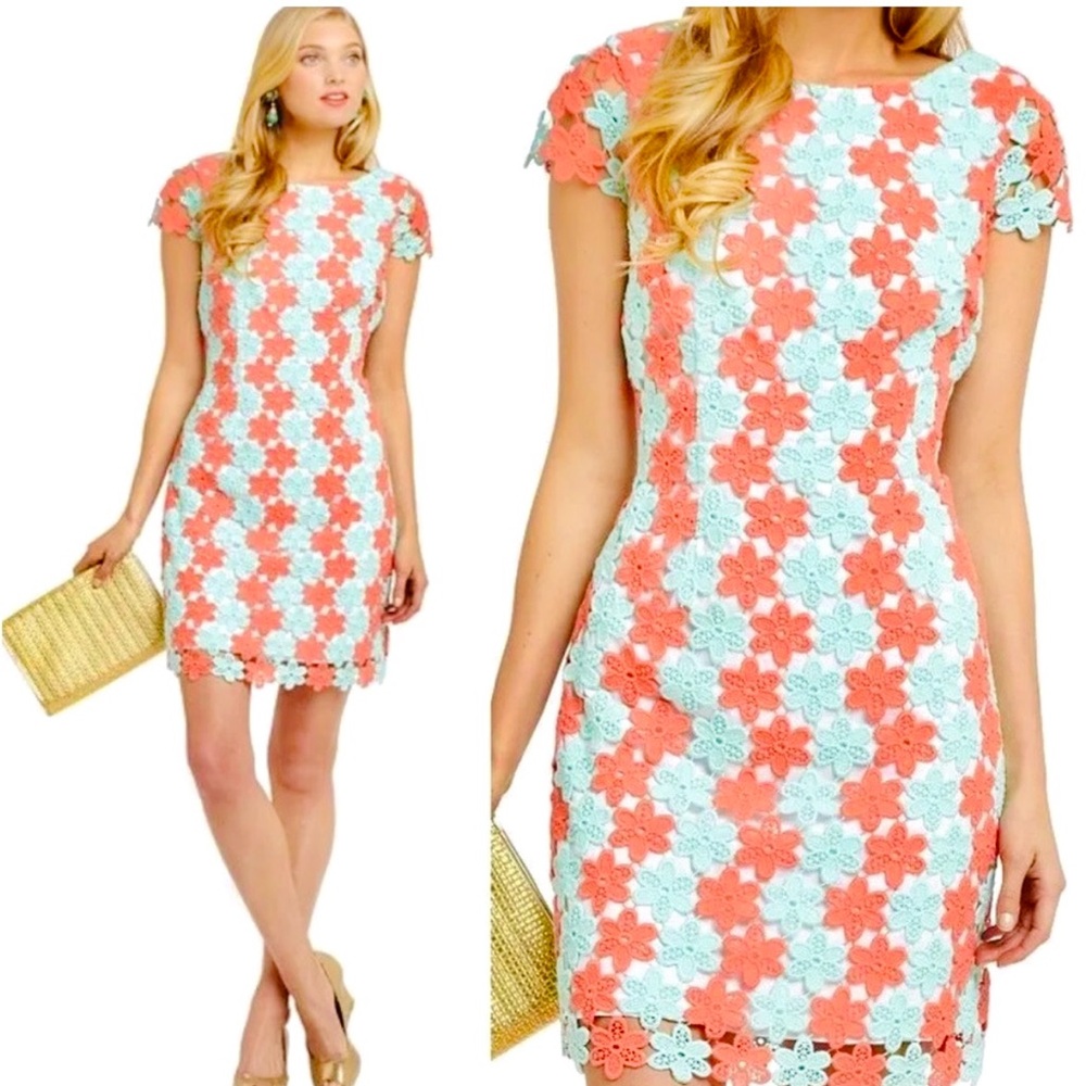 Lily Pulitzer Lace Floral Dress in Suntan Orange and Blue